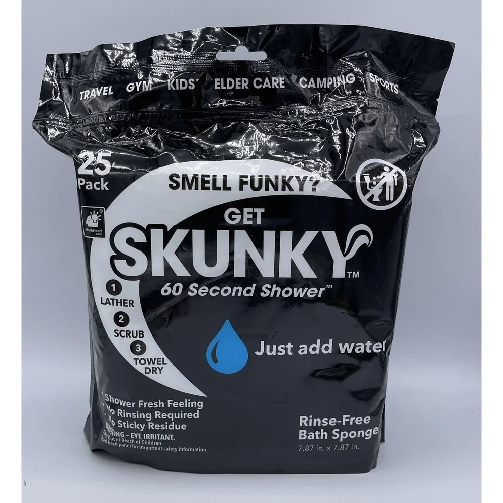 Skunky No Rinse Bathing Wipes, Cleans Without a Shower Great 25 Count New‎ NIP